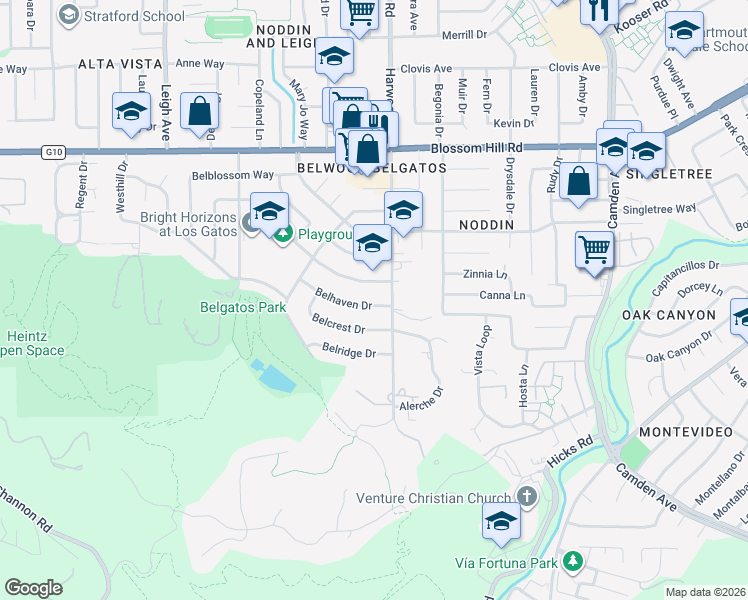 map of restaurants, bars, coffee shops, grocery stores, and more near 109 Belhaven Drive in Los Gatos