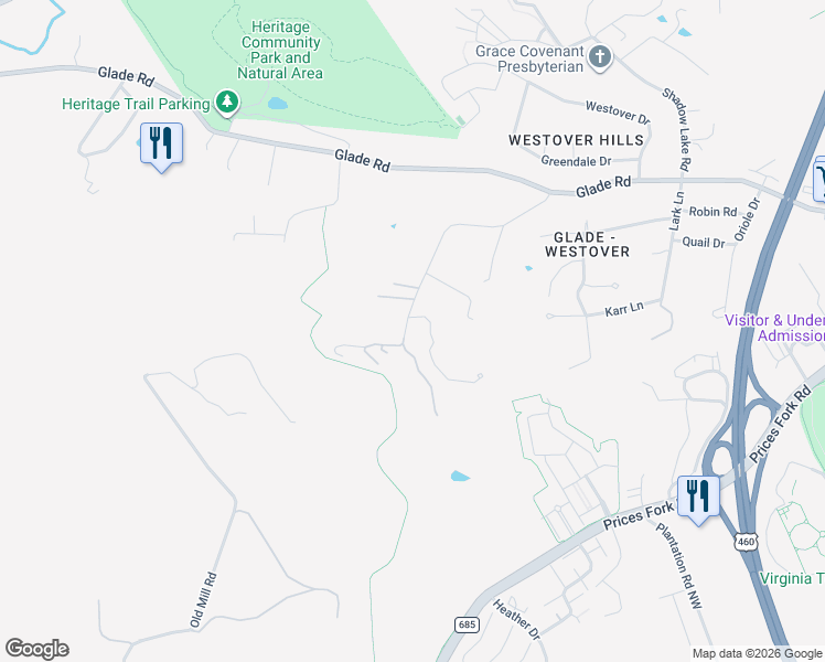 map of restaurants, bars, coffee shops, grocery stores, and more near Boxwood Drive in Blacksburg