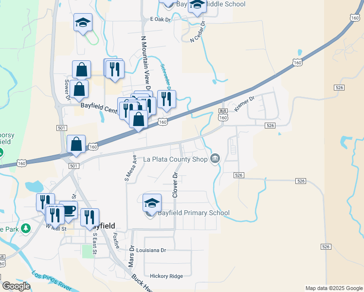 map of restaurants, bars, coffee shops, grocery stores, and more near 24 Clover Road in Bayfield