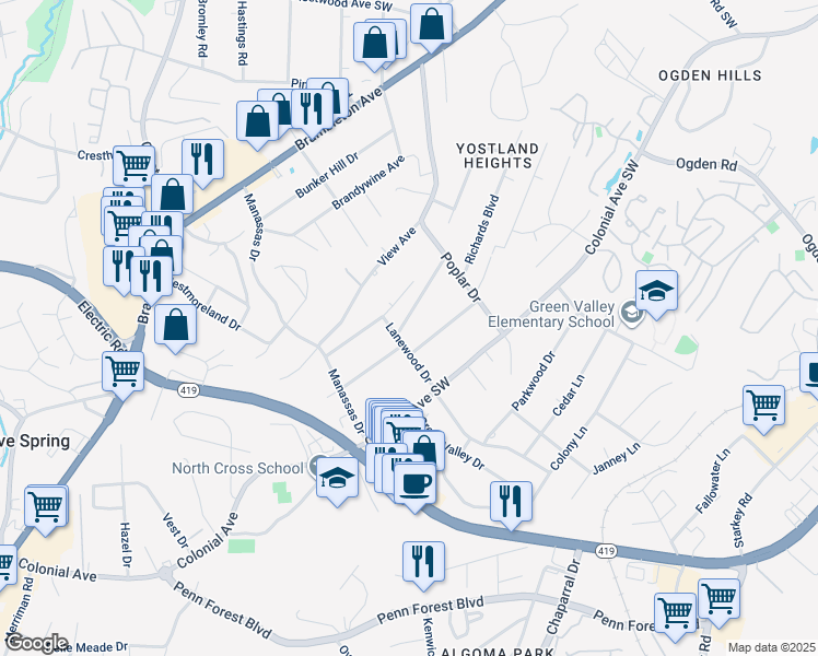 map of restaurants, bars, coffee shops, grocery stores, and more near 3670 Goodview Avenue in Cave Spring