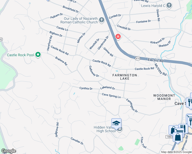 map of restaurants, bars, coffee shops, grocery stores, and more near 3165 Galloway Drive in Cave Spring