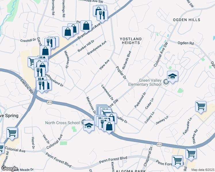 map of restaurants, bars, coffee shops, grocery stores, and more near 3670 Goodview Avenue in Roanoke