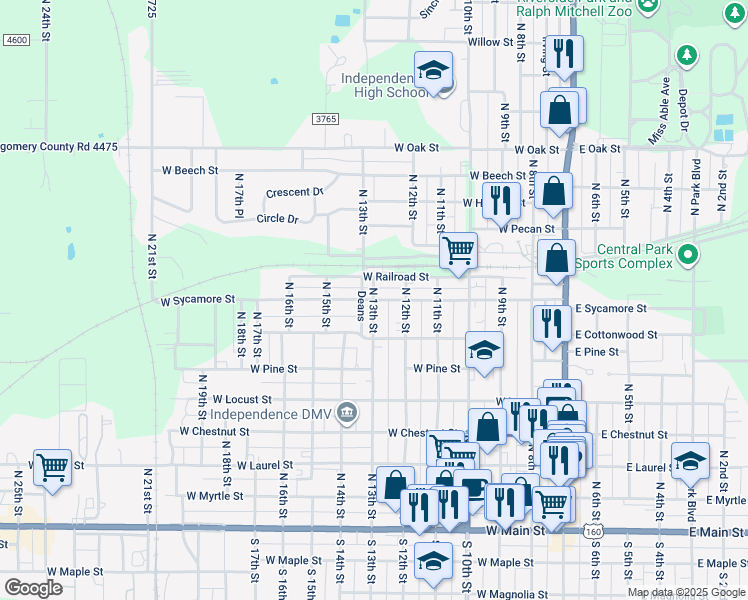map of restaurants, bars, coffee shops, grocery stores, and more near 801 North 13th Street in Independence