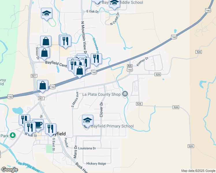 map of restaurants, bars, coffee shops, grocery stores, and more near 24 Clover Road in Bayfield