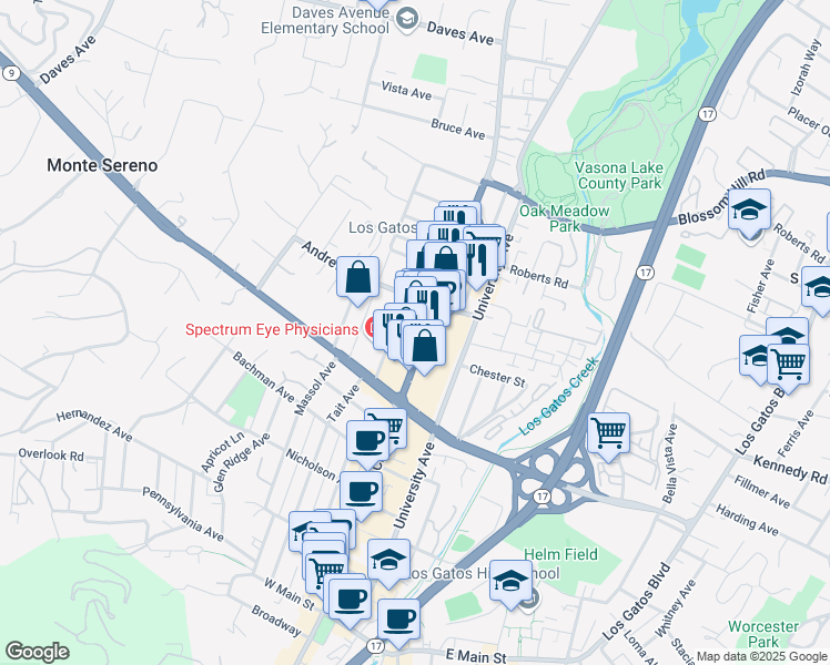 map of restaurants, bars, coffee shops, grocery stores, and more near 433 North Santa Cruz Avenue in Los Gatos