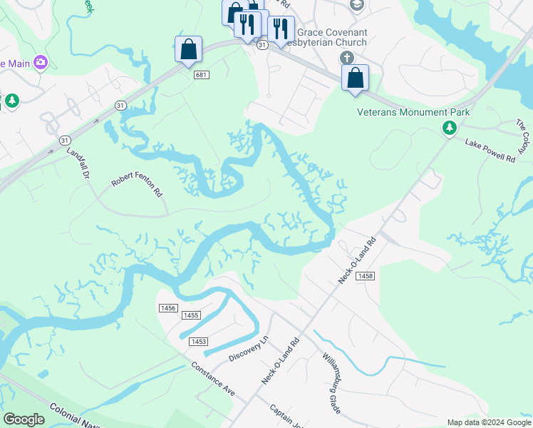 map of restaurants, bars, coffee shops, grocery stores, and more near 4400 Landfall Drive in Williamsburg