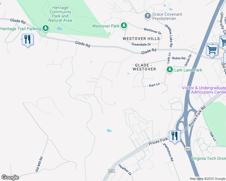 map of restaurants, bars, coffee shops, grocery stores, and more near 1506 Boxwood Drive in Blacksburg
