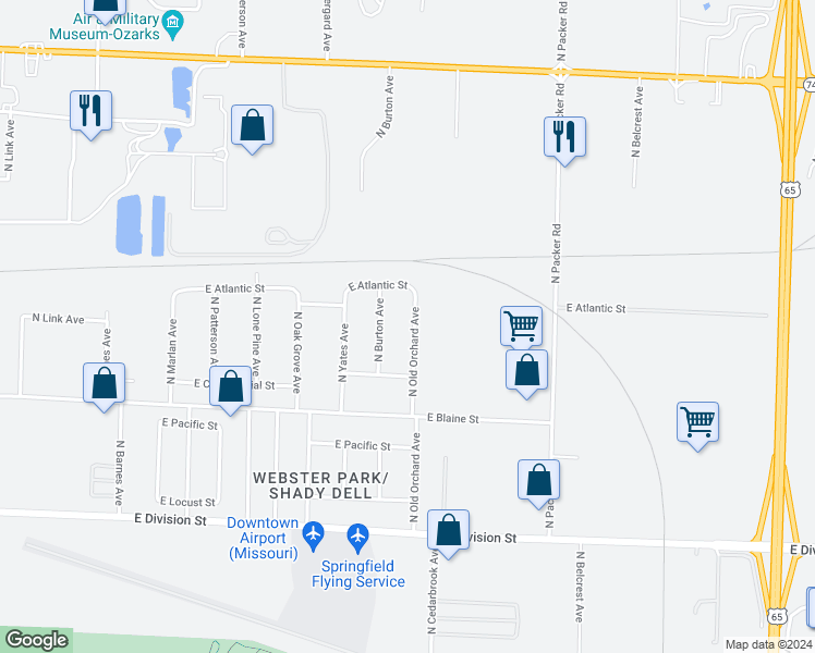 map of restaurants, bars, coffee shops, grocery stores, and more near 1911 North Old Orchard Avenue in Springfield
