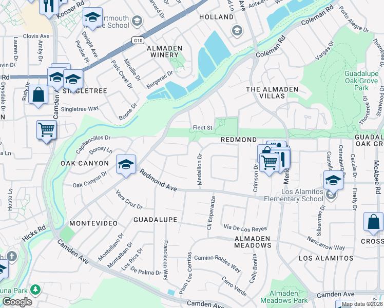 map of restaurants, bars, coffee shops, grocery stores, and more near 1443 Medallion Drive in San Jose