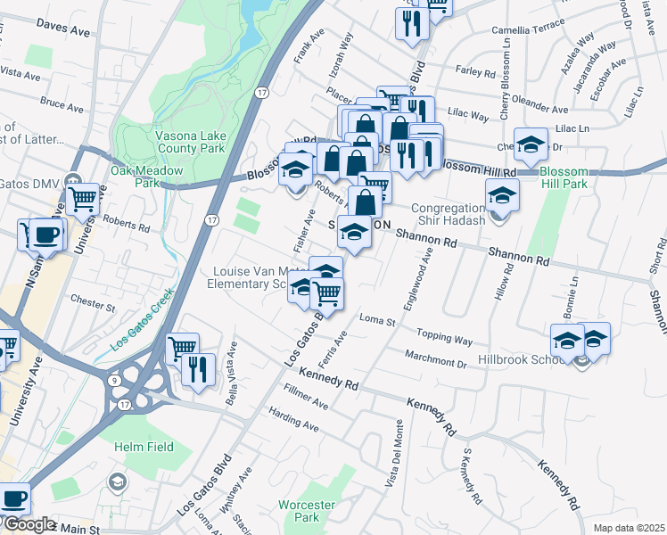 map of restaurants, bars, coffee shops, grocery stores, and more near 16345 Los Gatos Boulevard in Los Gatos