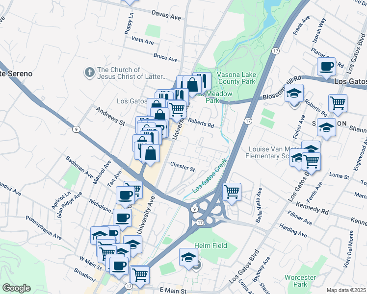 map of restaurants, bars, coffee shops, grocery stores, and more near 219 Avery Lane in Los Gatos