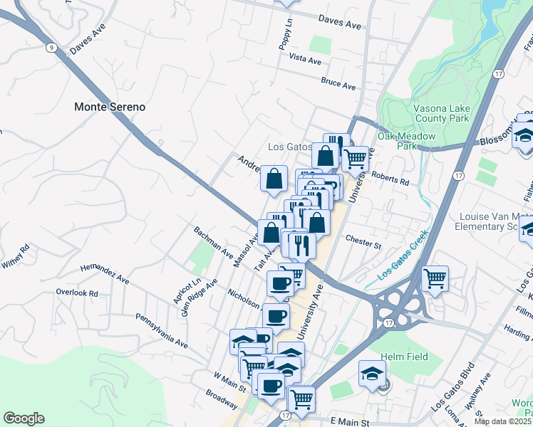 map of restaurants, bars, coffee shops, grocery stores, and more near 24 Montgomery Street in Los Gatos