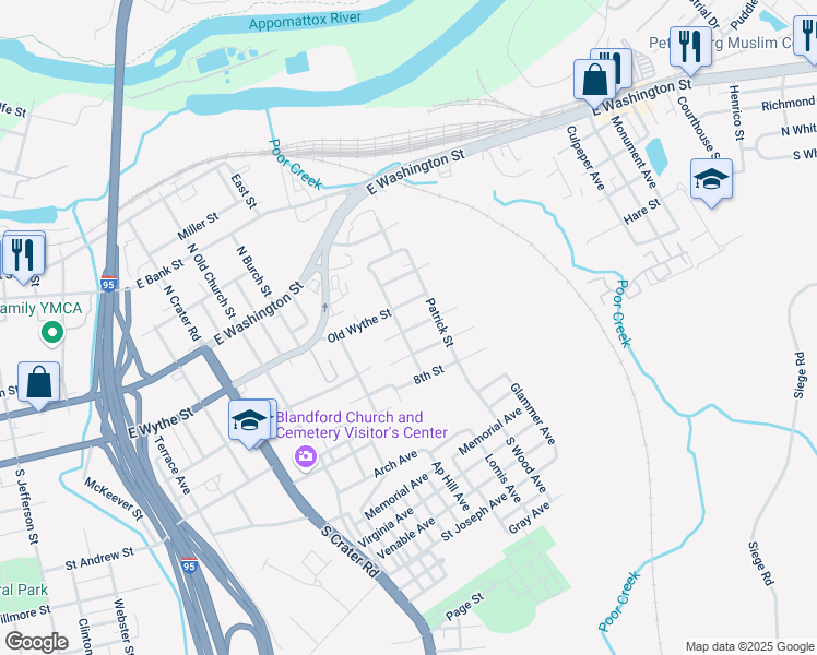 map of restaurants, bars, coffee shops, grocery stores, and more near 1055 6th Street in Petersburg