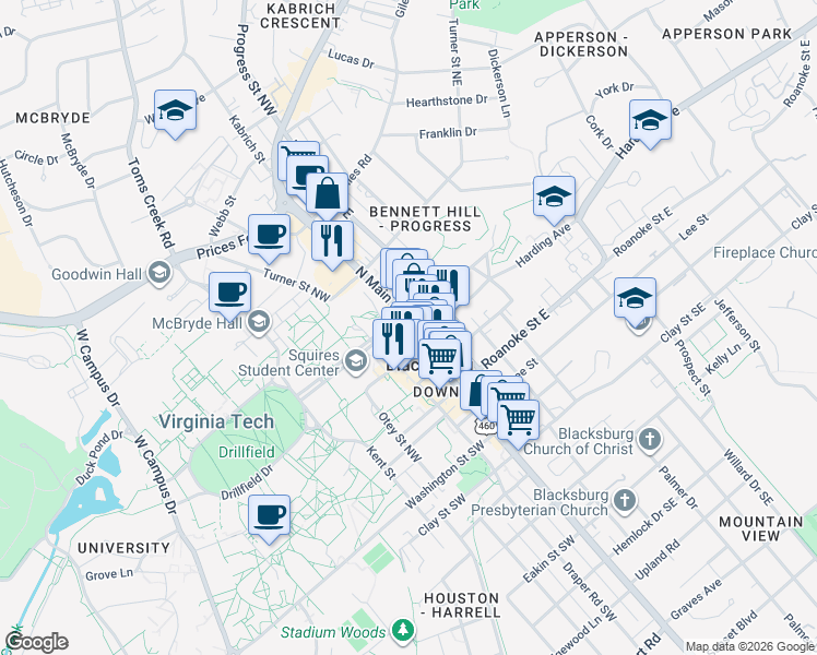 map of restaurants, bars, coffee shops, grocery stores, and more near 355 North Main Street in Blacksburg