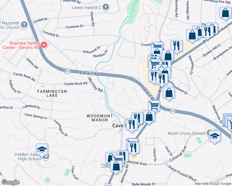 map of restaurants, bars, coffee shops, grocery stores, and more near 3225 Rasmont Road in Cave Spring
