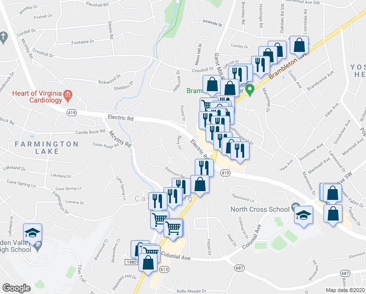 map of restaurants, bars, coffee shops, grocery stores, and more near 3155 Berry Lane in Roanoke