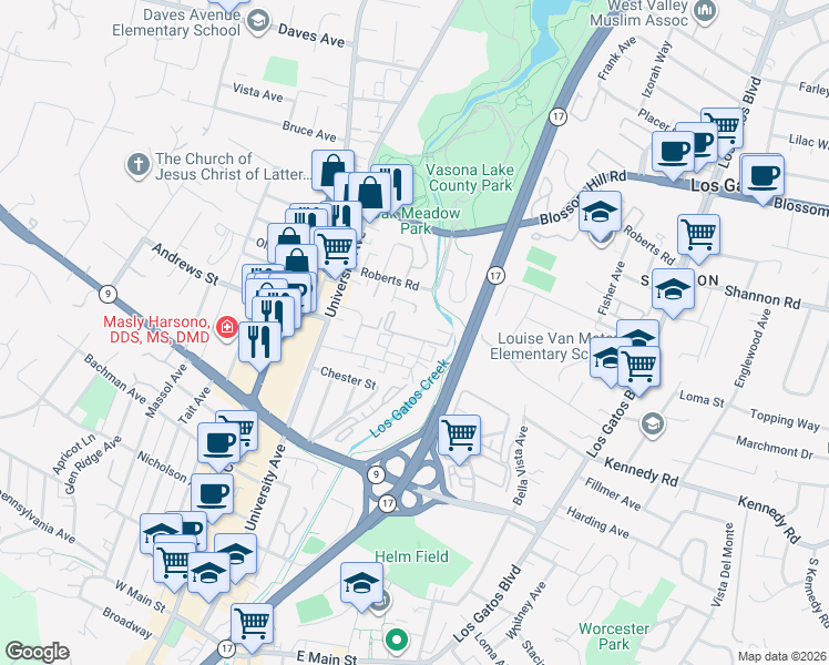 map of restaurants, bars, coffee shops, grocery stores, and more near 137 Riviera Drive in Los Gatos
