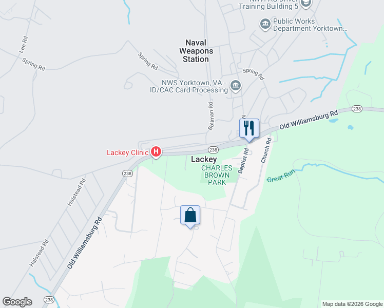 map of restaurants, bars, coffee shops, grocery stores, and more near 1900 Old Williamsburg Road in Yorktown