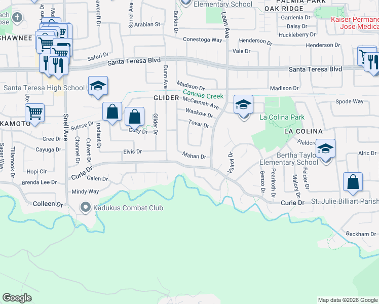 map of restaurants, bars, coffee shops, grocery stores, and more near 6250 Bothell Circle in San Jose