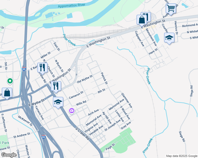 map of restaurants, bars, coffee shops, grocery stores, and more near 1055 6th Street in Petersburg