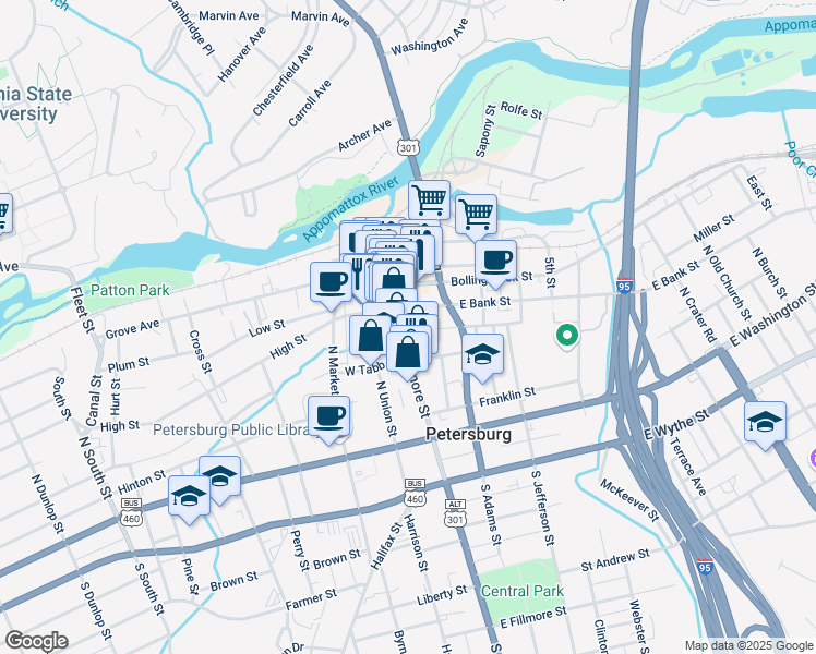 map of restaurants, bars, coffee shops, grocery stores, and more near 241 North Sycamore Street in Petersburg
