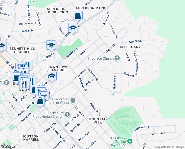 map of restaurants, bars, coffee shops, grocery stores, and more near 505 Jefferson Street in Blacksburg