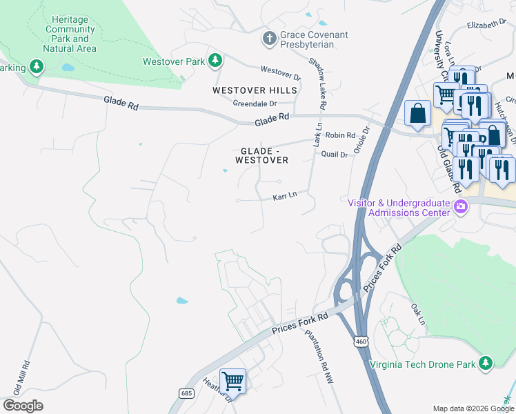 map of restaurants, bars, coffee shops, grocery stores, and more near 1503 Hardwood Drive in Blacksburg