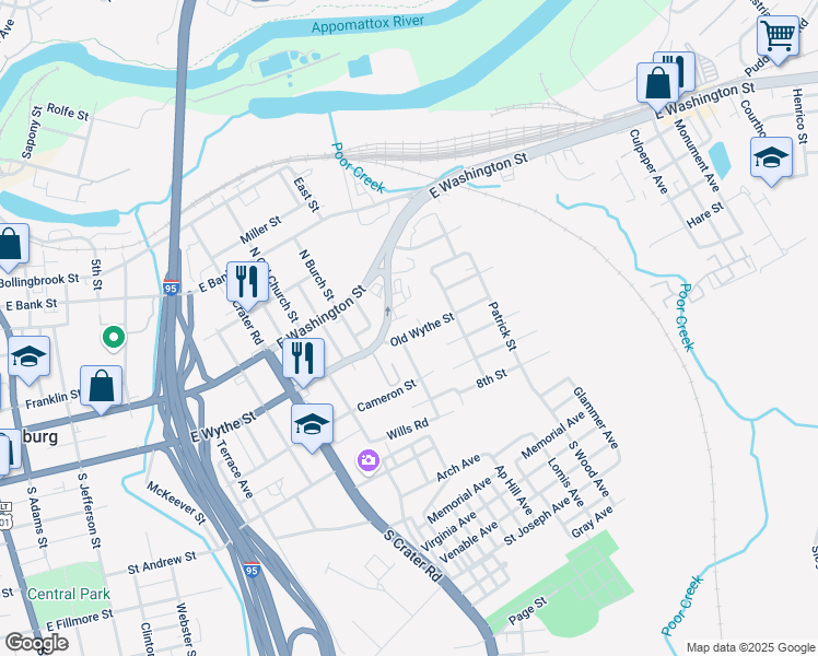 map of restaurants, bars, coffee shops, grocery stores, and more near 957 Old Wythe Street in Petersburg