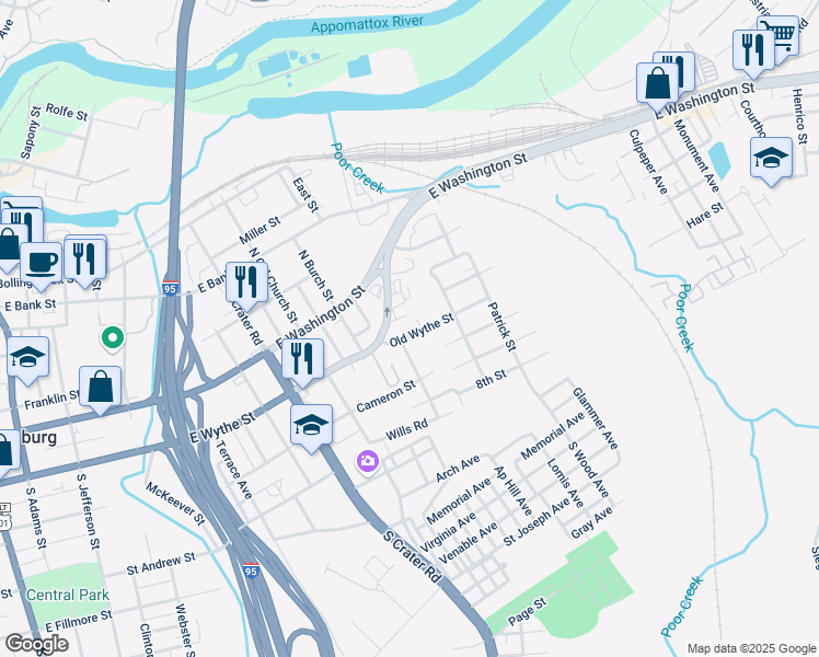 map of restaurants, bars, coffee shops, grocery stores, and more near 957 Old Wythe Street in Petersburg