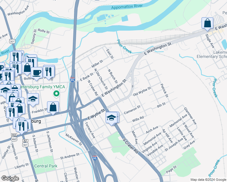 map of restaurants, bars, coffee shops, grocery stores, and more near 818 East Washington Street in Petersburg