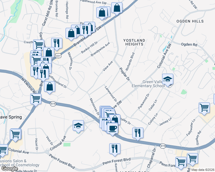 map of restaurants, bars, coffee shops, grocery stores, and more near 3536 Lanewood Drive in Cave Spring