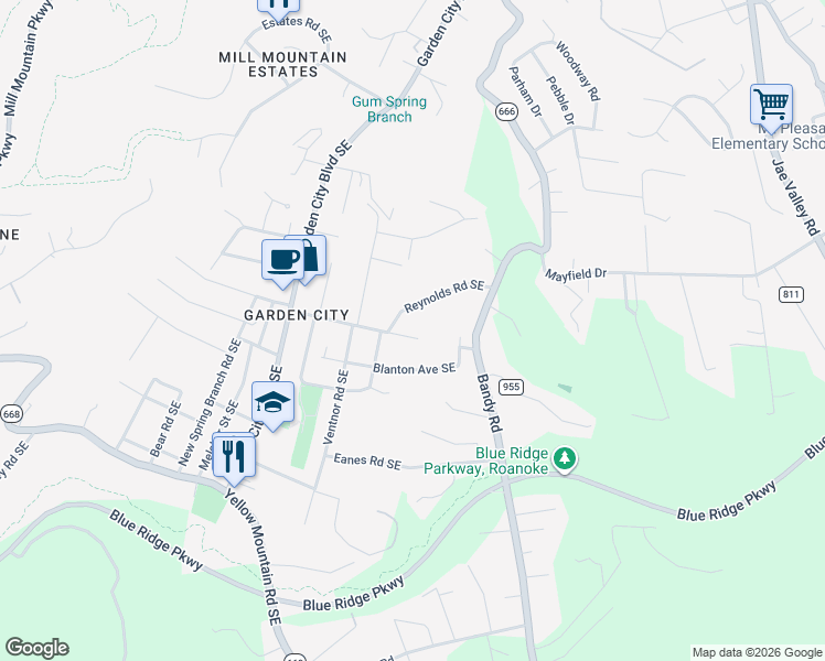 map of restaurants, bars, coffee shops, grocery stores, and more near 1505 Reynolds Rd SE in Roanoke