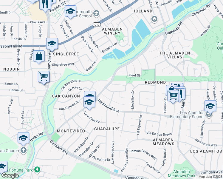 map of restaurants, bars, coffee shops, grocery stores, and more near 1485 Almaden Valley Drive in San Jose