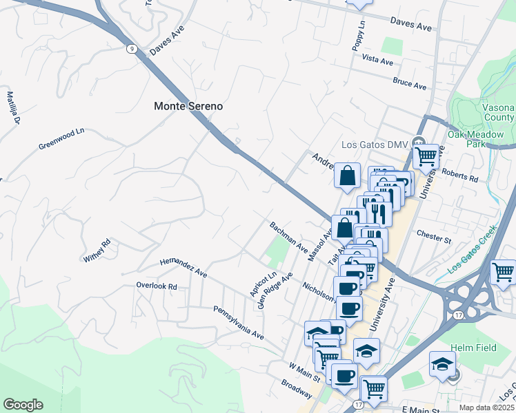 map of restaurants, bars, coffee shops, grocery stores, and more near 16131 Bachman Avenue in Monte Sereno
