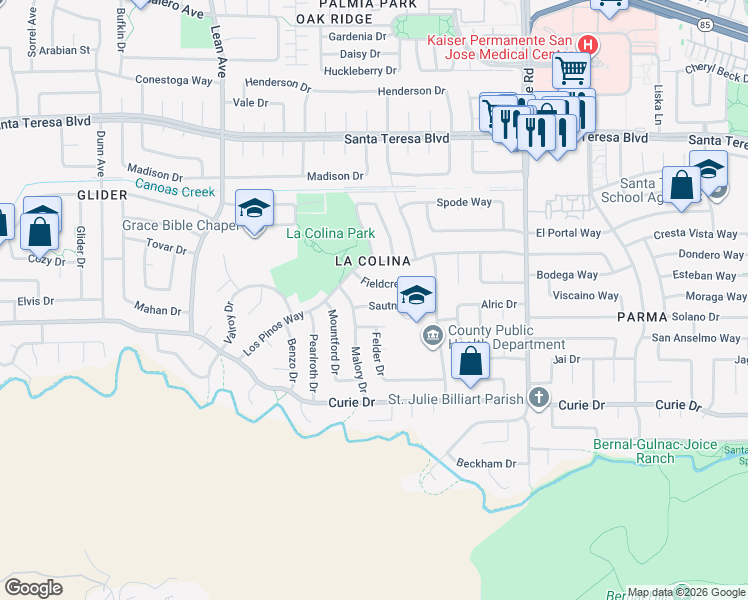 map of restaurants, bars, coffee shops, grocery stores, and more near 433 Sautner Drive in San Jose