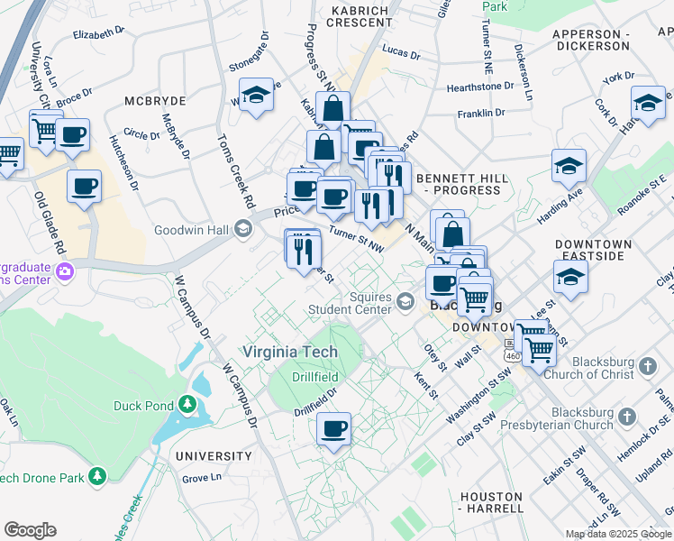 map of restaurants, bars, coffee shops, grocery stores, and more near 280 Stanger Street in Blacksburg