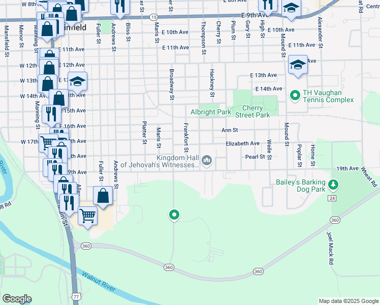 map of restaurants, bars, coffee shops, grocery stores, and more near 1706 Frankfort Street in Winfield