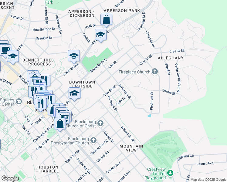 map of restaurants, bars, coffee shops, grocery stores, and more near 605 Devon Lane in Blacksburg