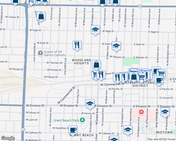 map of restaurants, bars, coffee shops, grocery stores, and more near 1865 North Douglas Avenue in Springfield
