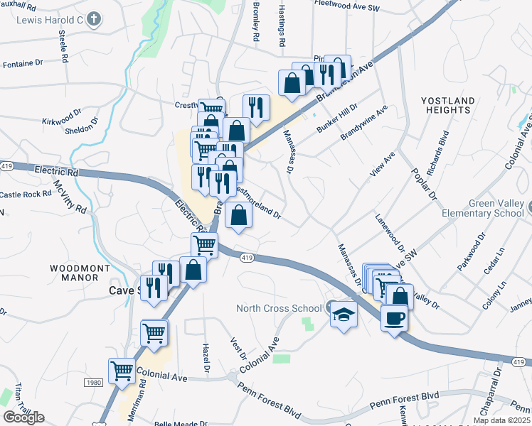 map of restaurants, bars, coffee shops, grocery stores, and more near 3419 Westmoreland Drive in Cave Spring