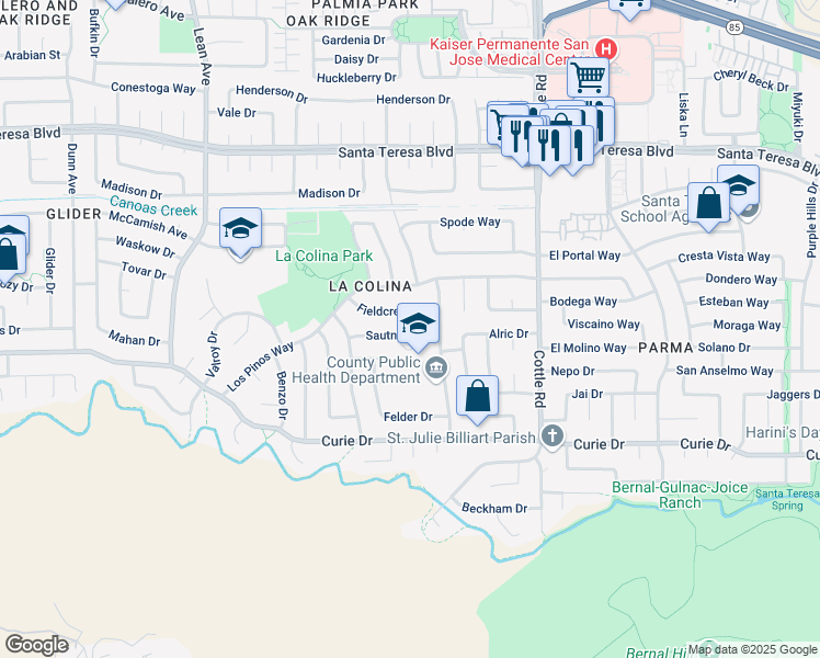 map of restaurants, bars, coffee shops, grocery stores, and more near 413 Sautner Drive in San Jose
