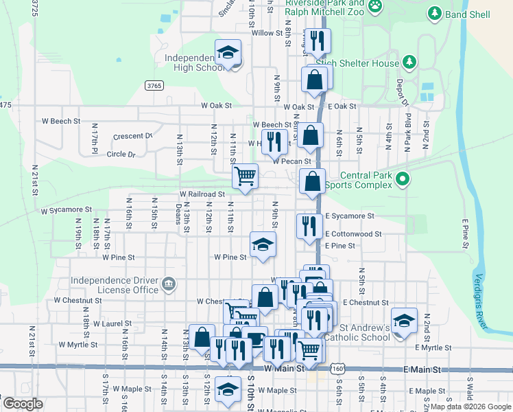 map of restaurants, bars, coffee shops, grocery stores, and more near 800 North 10th Street in Independence