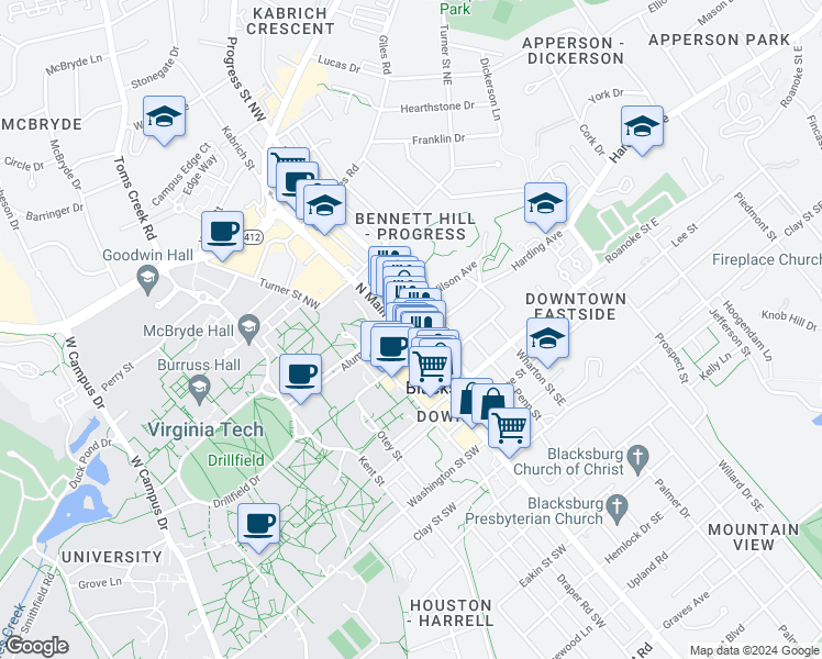 map of restaurants, bars, coffee shops, grocery stores, and more near 322 North Main Street in Blacksburg