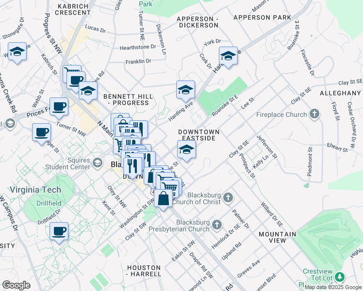 map of restaurants, bars, coffee shops, grocery stores, and more near 422 Roanoke Street East in Blacksburg