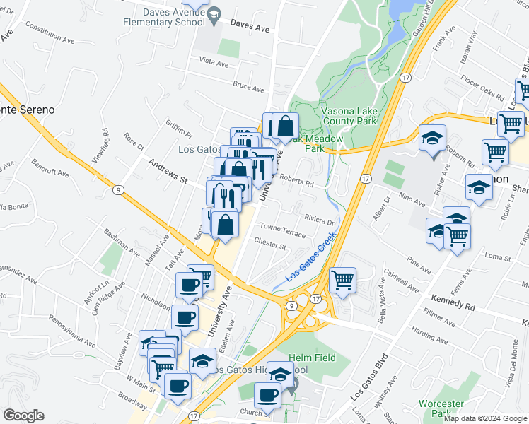 map of restaurants, bars, coffee shops, grocery stores, and more near 219 Avery Lane in Los Gatos