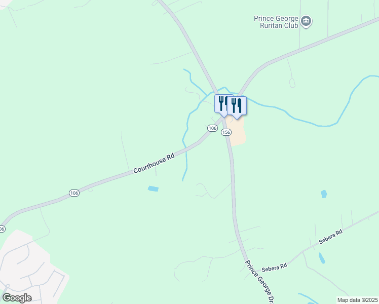 map of restaurants, bars, coffee shops, grocery stores, and more near 7705 Courthouse Road in Prince George