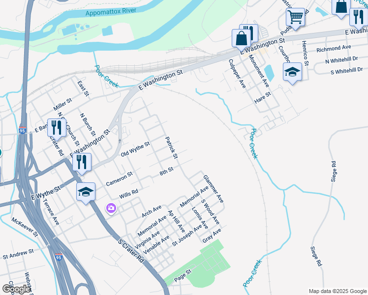 map of restaurants, bars, coffee shops, grocery stores, and more near 1123 7th Street in Petersburg