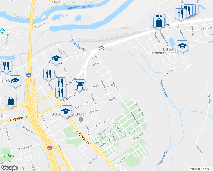 map of restaurants, bars, coffee shops, grocery stores, and more near 1055 6th Street in Petersburg