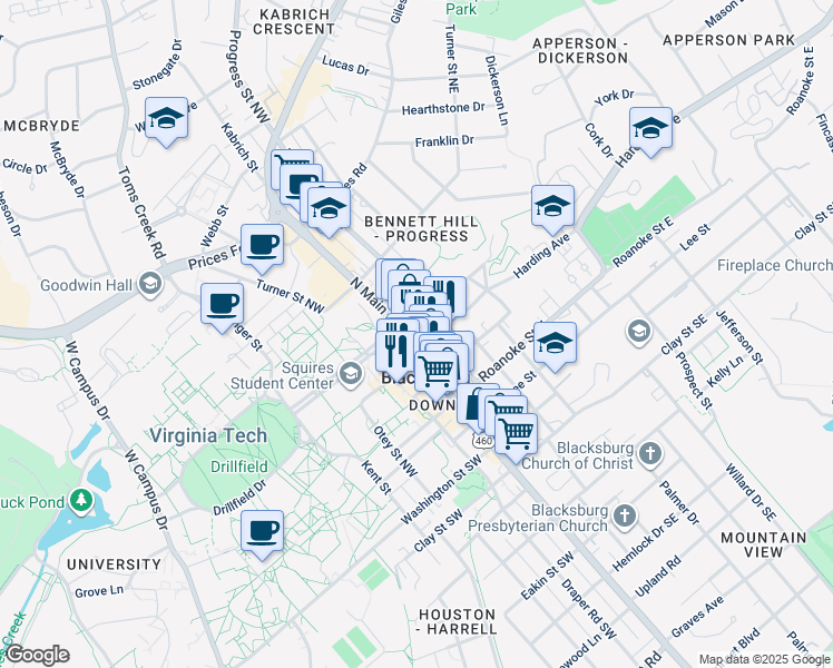 map of restaurants, bars, coffee shops, grocery stores, and more near 120 Wilson Avenue in Blacksburg