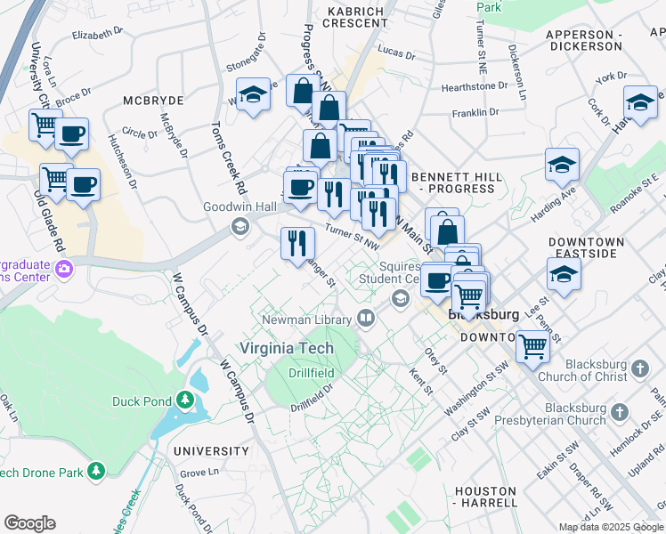 map of restaurants, bars, coffee shops, grocery stores, and more near 280 Stanger Street in Blacksburg